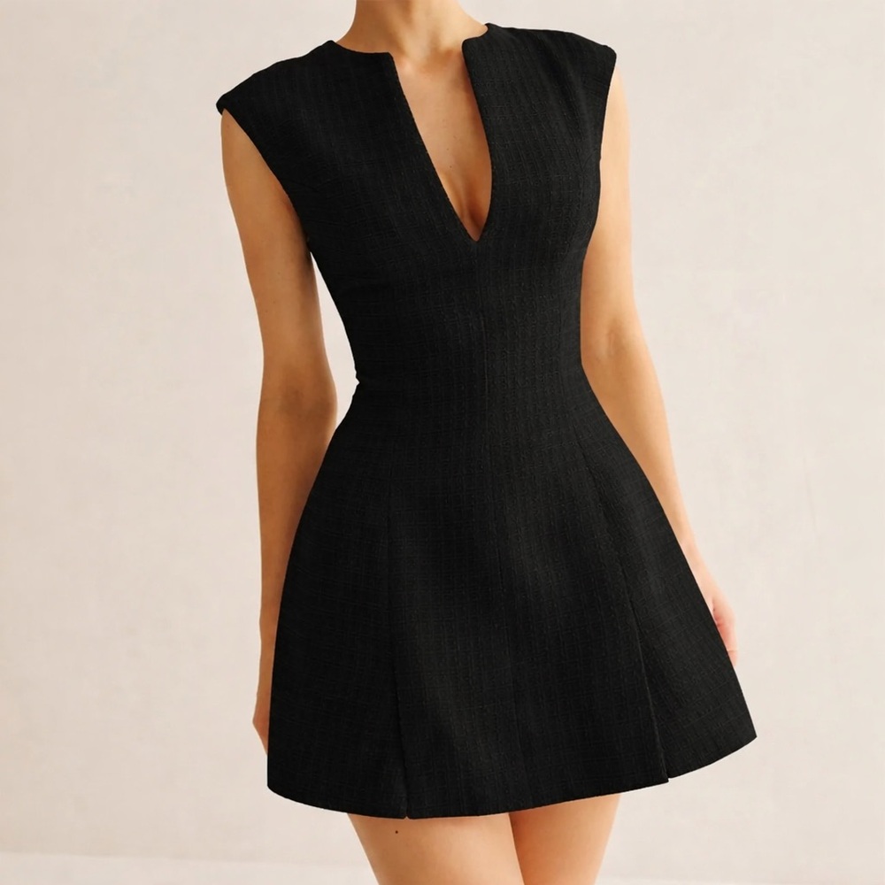 Piping Zipper Deep V-Neck Short Dress